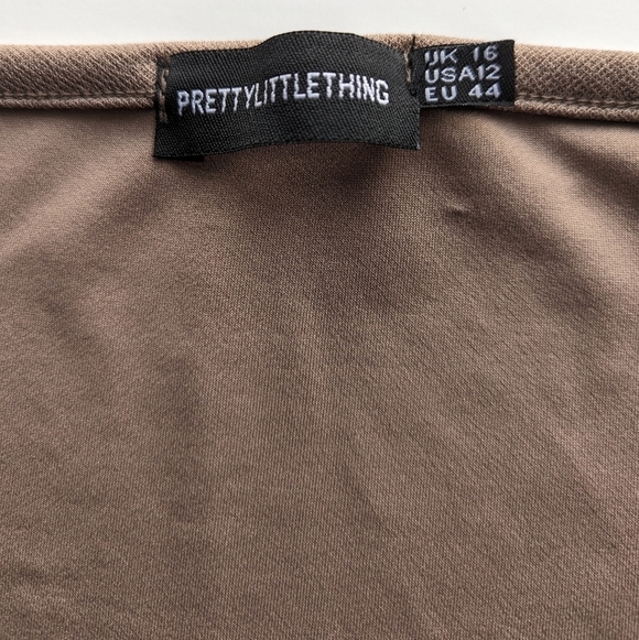 PLT Stretchy Long Sleeve Square Neck Puffy Hem Mini Dress Taupe - sz 12 - Picture 9 of 10